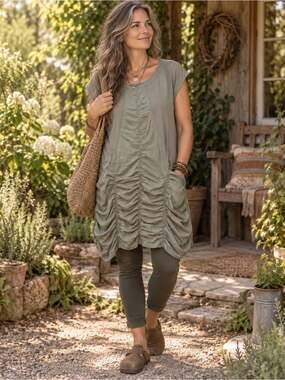 Boho Cotton Wearables Sage Green Ruched Tunic Top Dress Size M